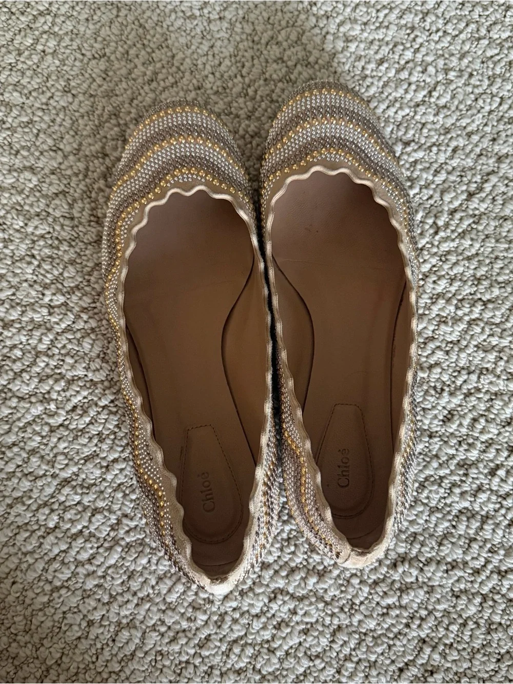 Chloe Beige Suede Studded Scalloped Lauren Ballet Flats